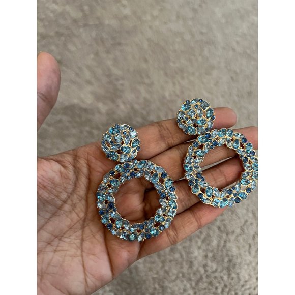 blue rhinestone earrings big statement long big aqua aquamarine large crystal - Picture 3 of 7